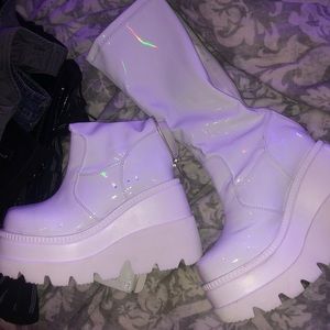 Demonias Shaker-65 wedge knee high holographic boots